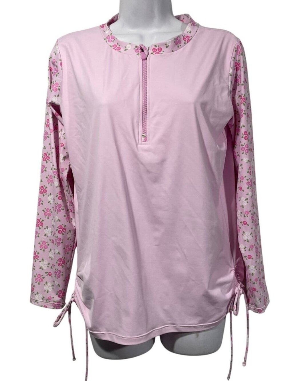 Betsey Johnson Womens Pink Floral Rash Guard Swim Top Sz XL 1/4 Zip Ruched Sides